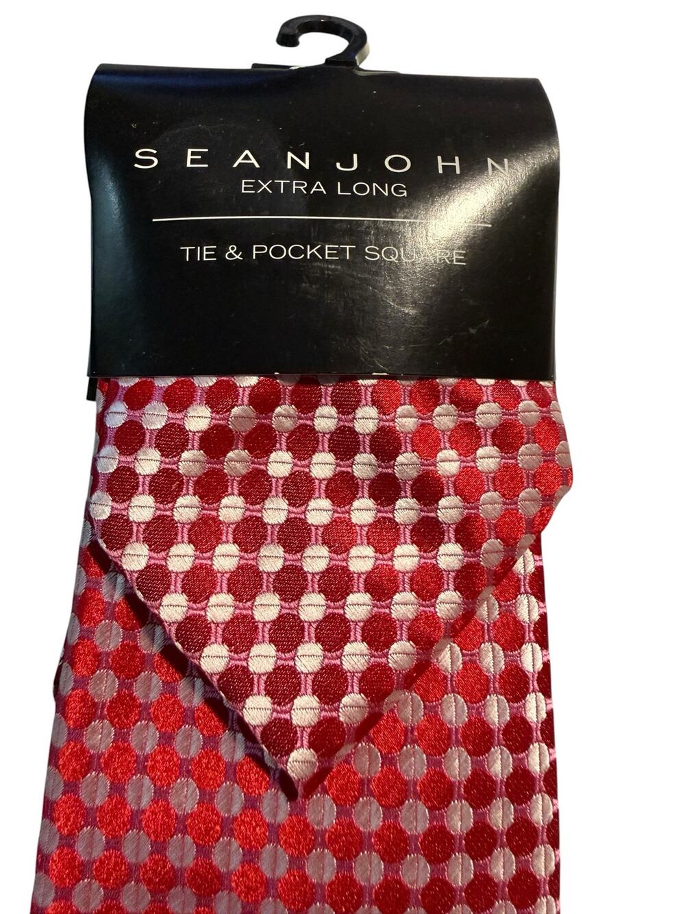 Sean John Extra Long Tie & Pocket Square Set, Red Polka Dot Silk Look, NWT
